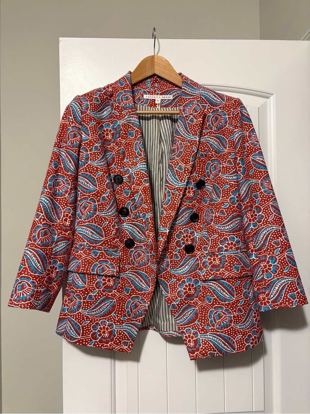 Veronica Beard Red Floral Double-Breasted Blazer with Blue Accents